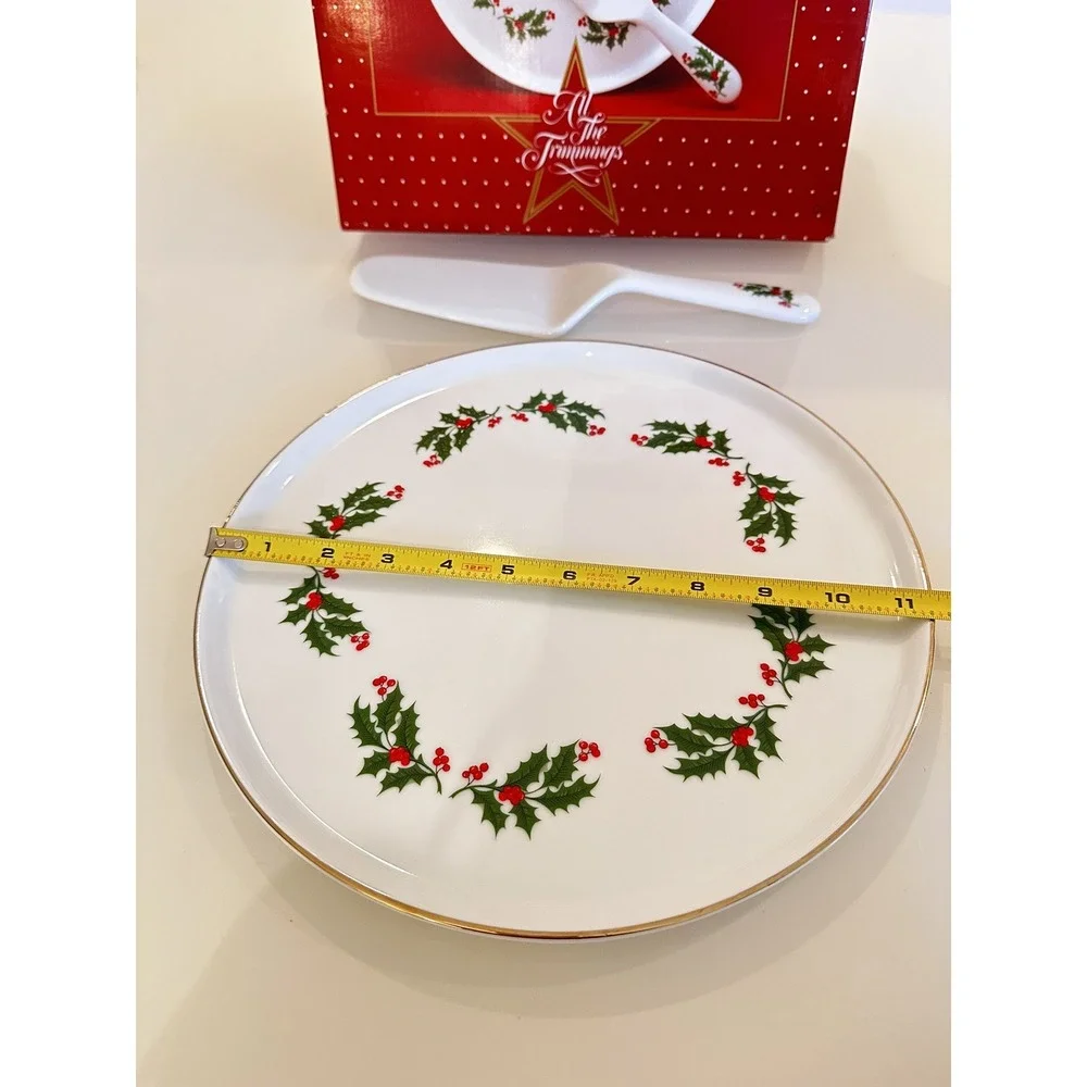 VTG 1970s Rare! Christmas Japan Holly Berries Porcelain Ware Cake Plate w Server